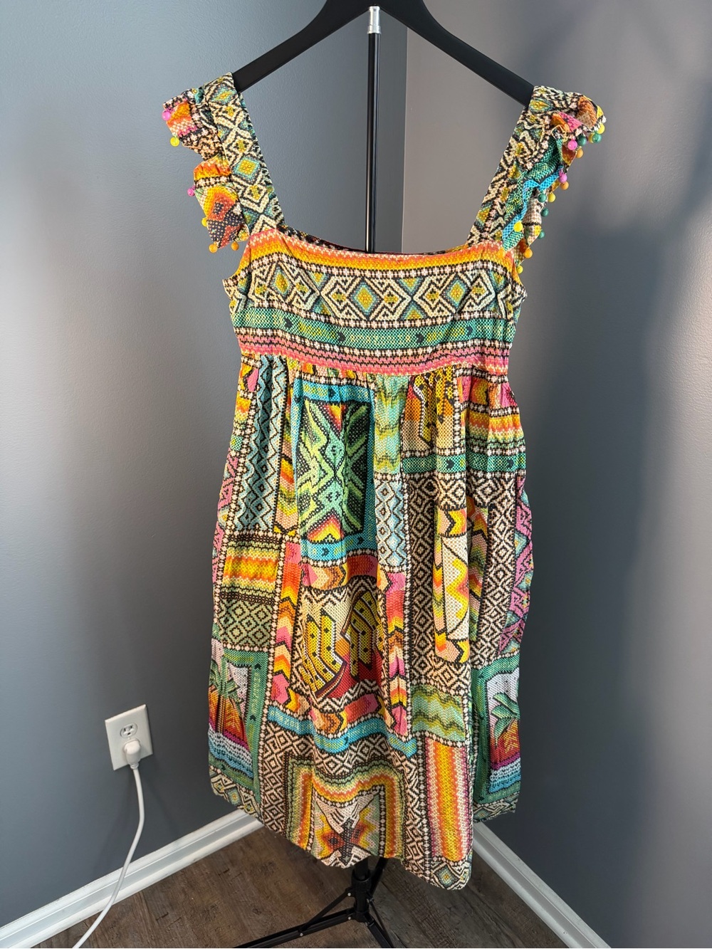 FARM Rio Banana scarfs Multicolor Tribal Print Midi Dress with Pom Strap Detail